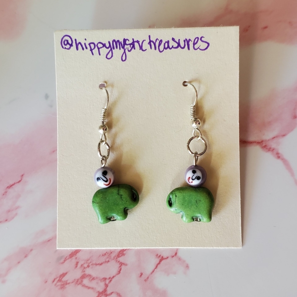 Green Beaded Elephant Drop Earrings